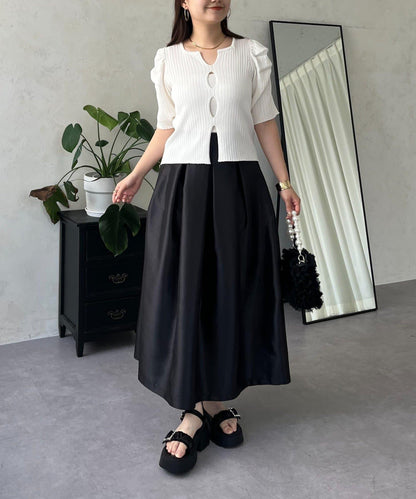 泡泡袖前開口條紋針織衫