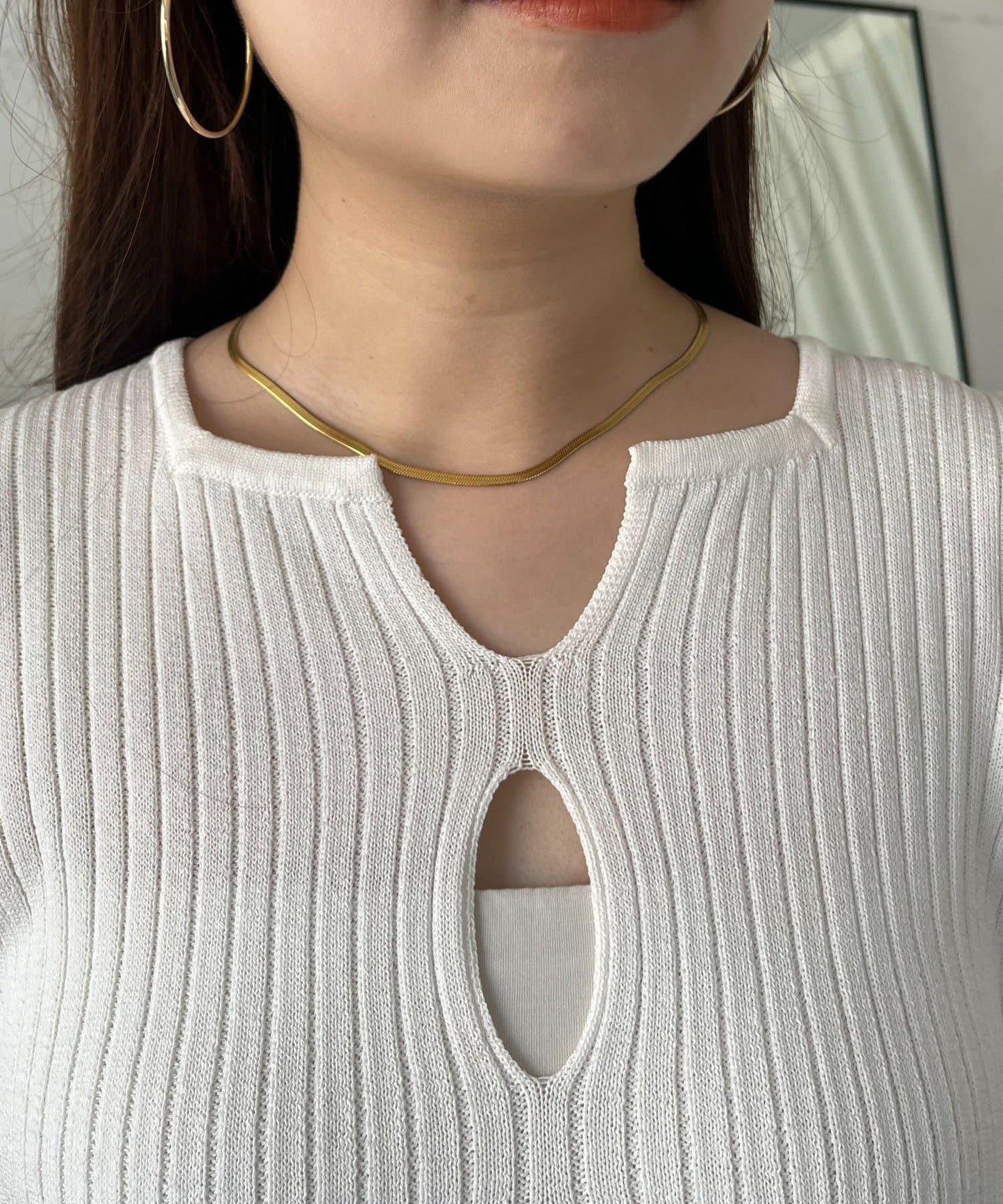 泡泡袖前開口條紋針織衫