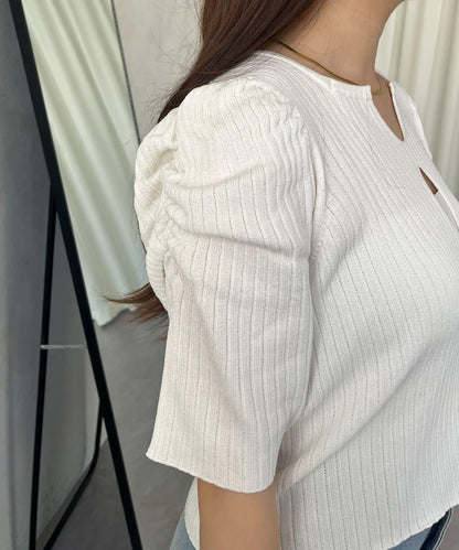 泡泡袖前開口條紋針織衫