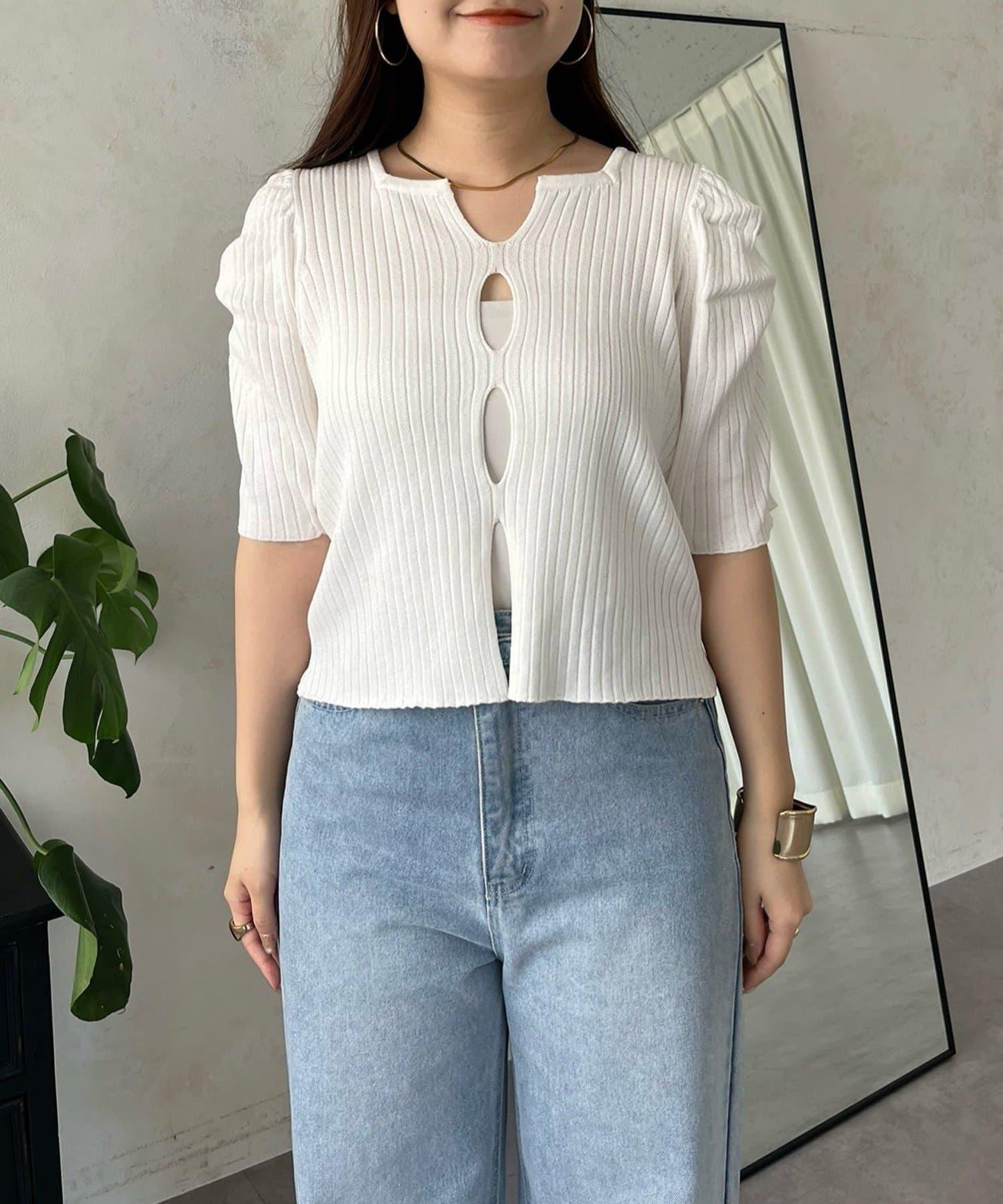 泡泡袖前開口條紋針織衫