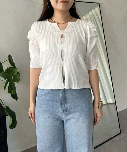 泡泡袖前開口條紋針織衫