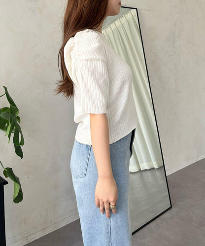 泡泡袖前開口條紋針織衫