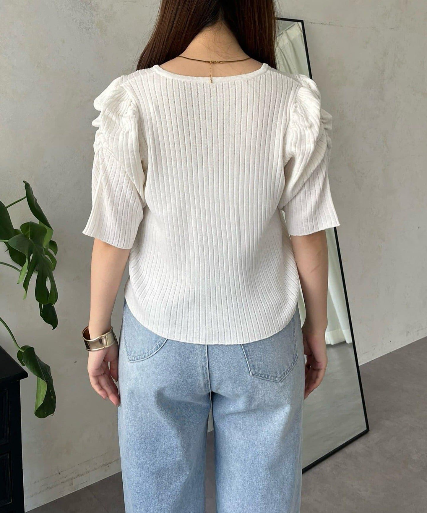 泡泡袖前開口條紋針織衫