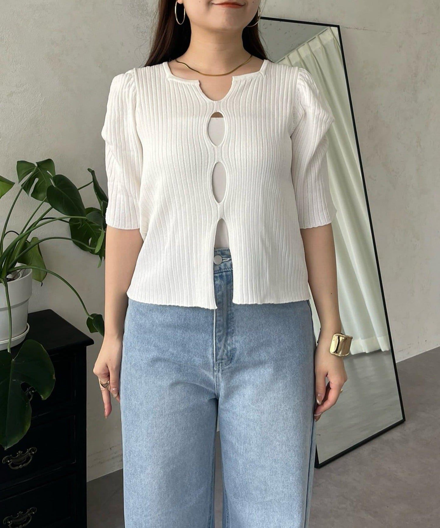 泡泡袖前開口條紋針織衫