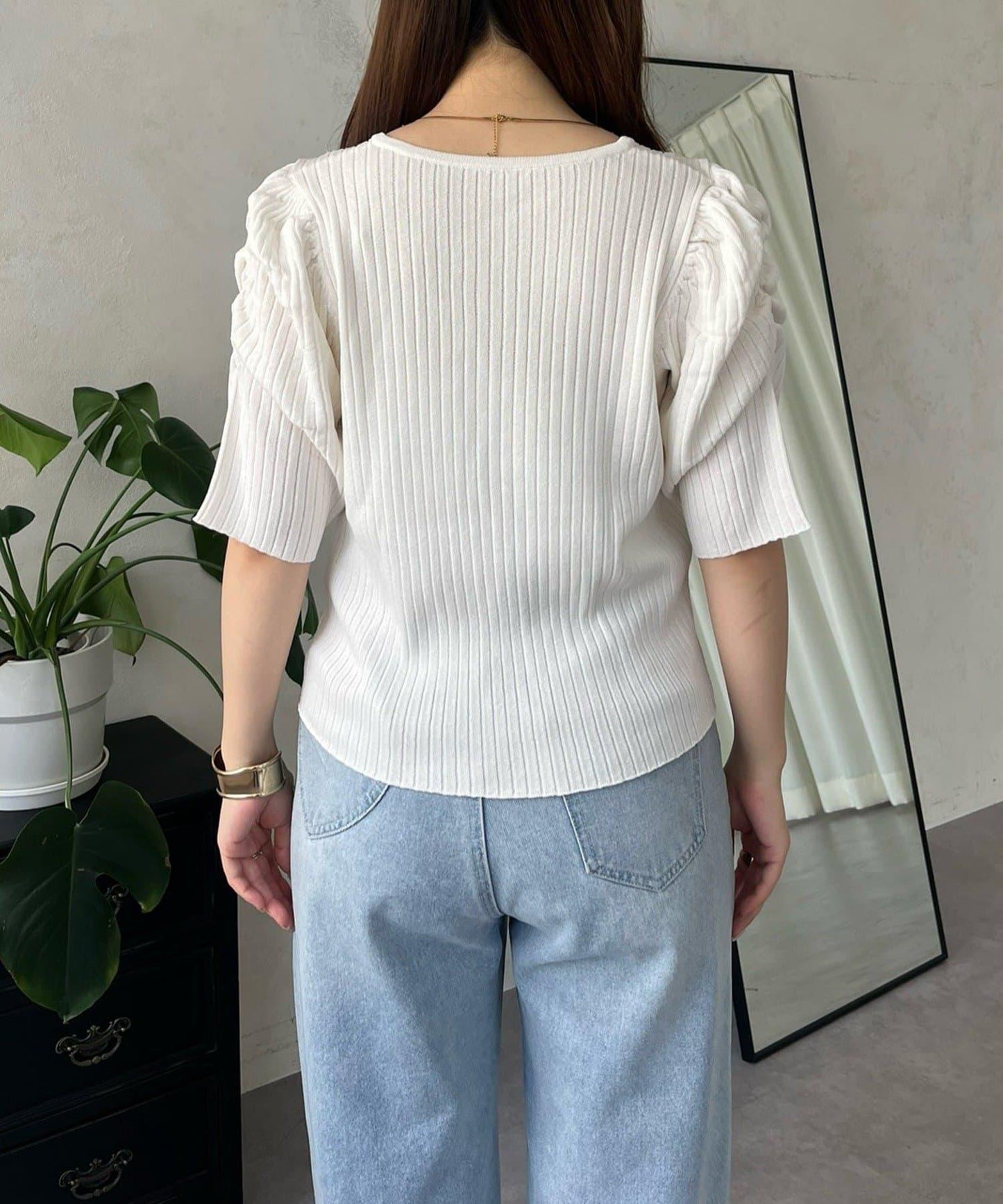 泡泡袖前開口條紋針織衫