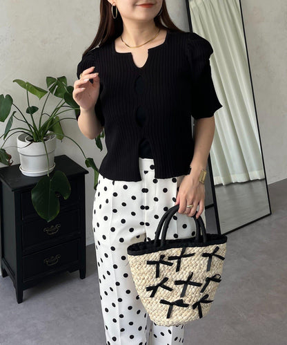 泡泡袖前開口條紋針織衫