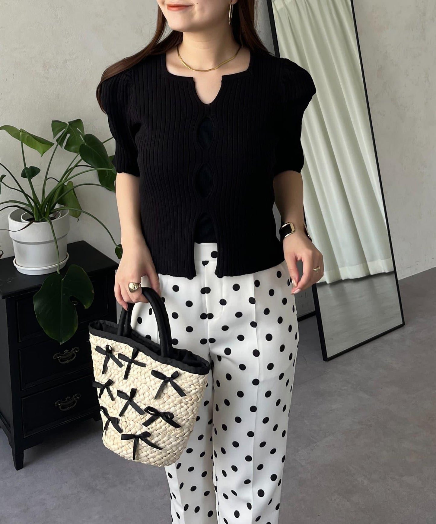 泡泡袖前開口條紋針織衫