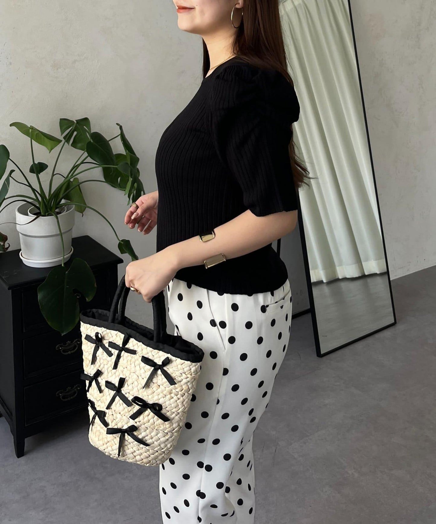 泡泡袖前開口條紋針織衫