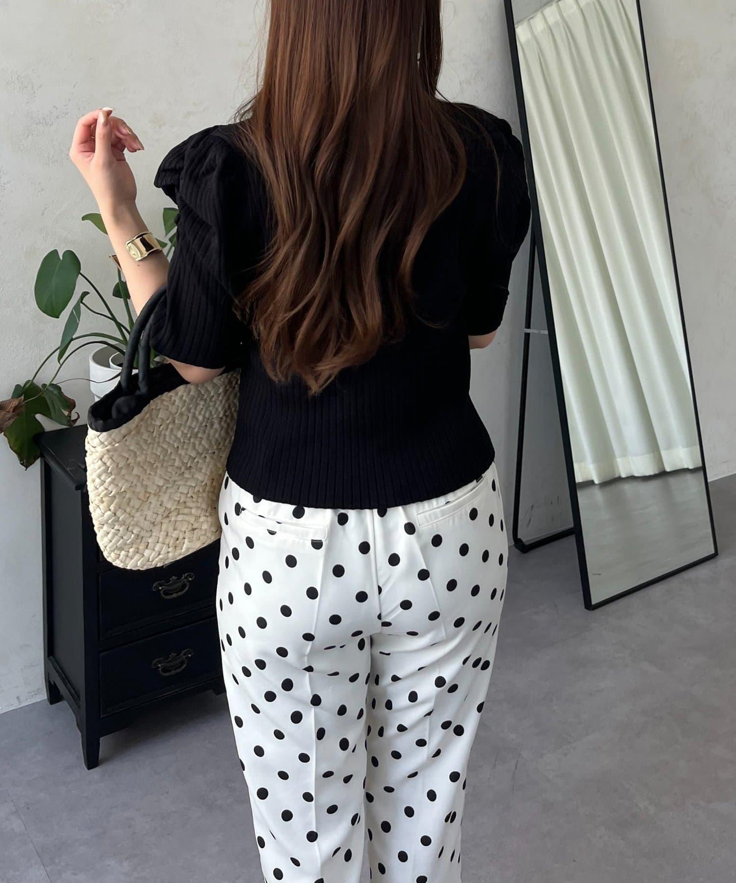 泡泡袖前開口條紋針織衫