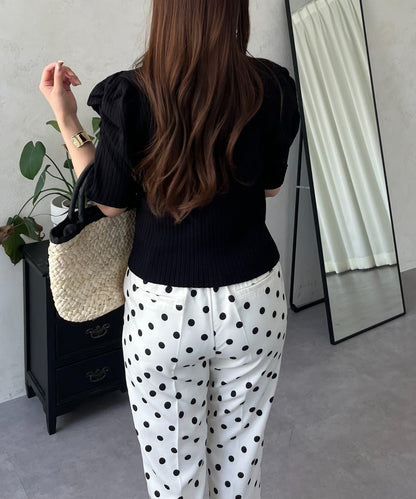 泡泡袖前開口條紋針織衫