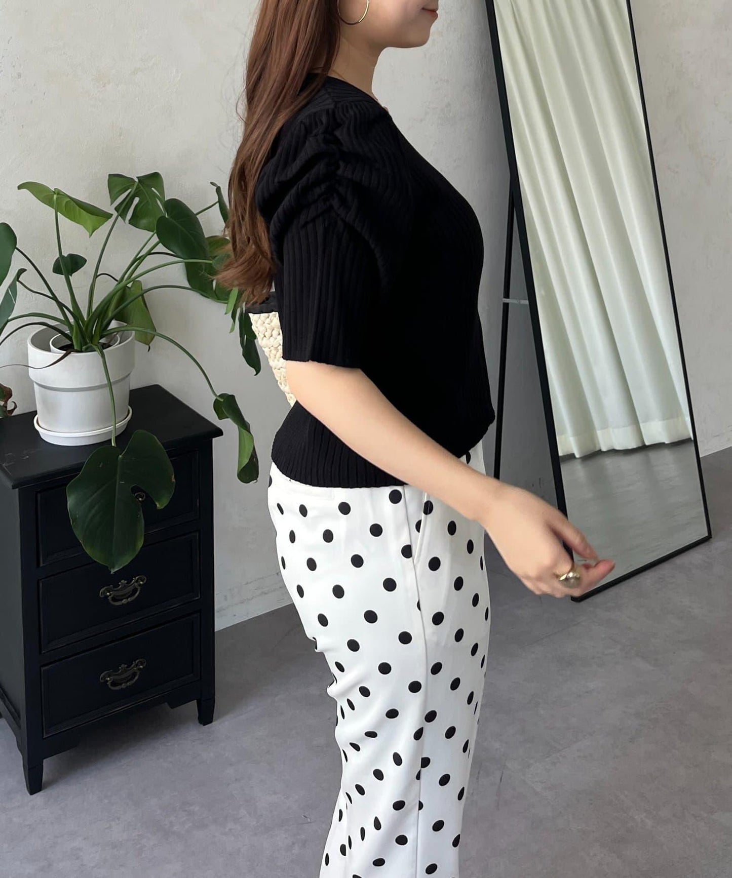 泡泡袖前開口條紋針織衫