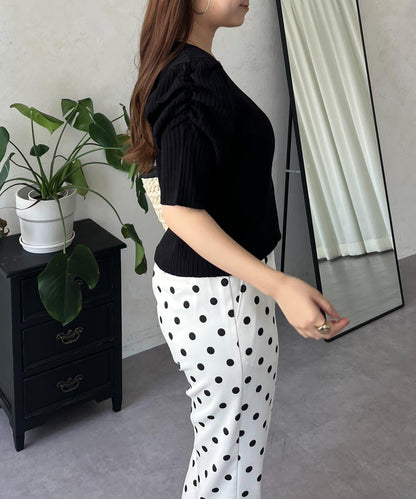 泡泡袖前開口條紋針織衫