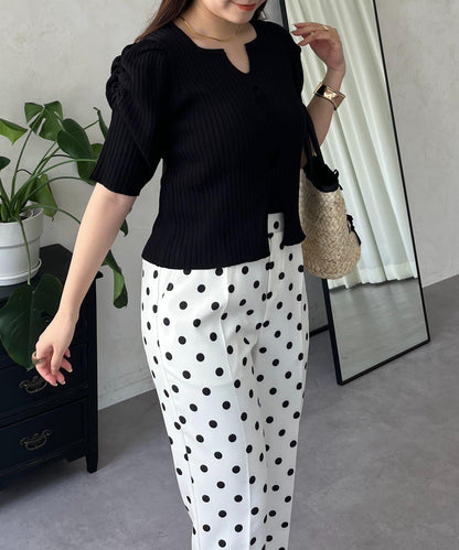 泡泡袖前開口條紋針織衫