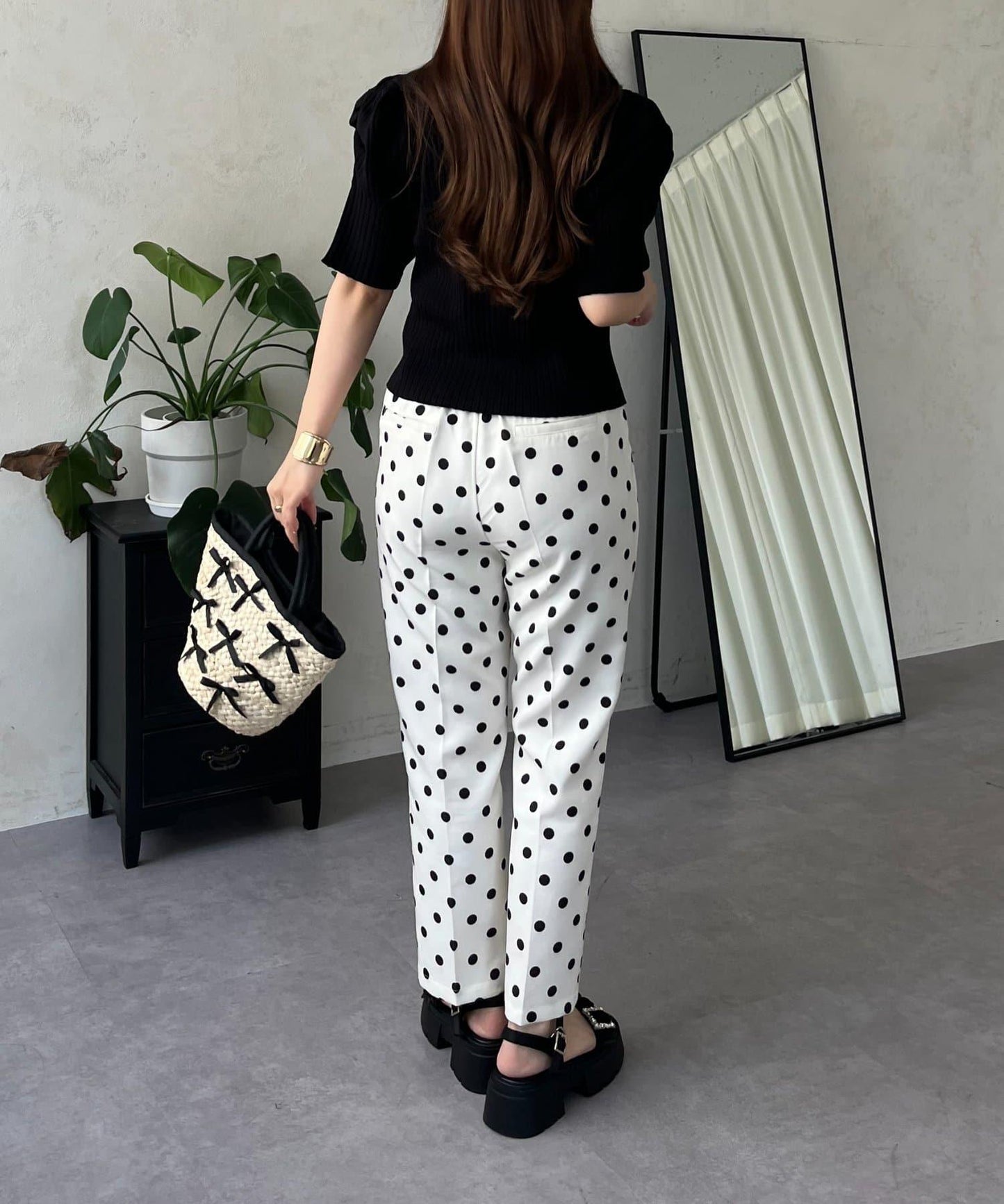 泡泡袖前開口條紋針織衫