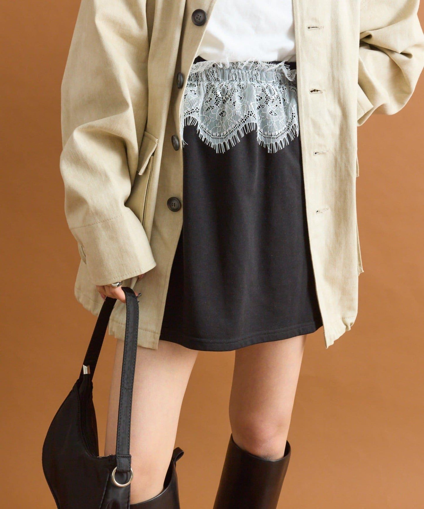 【mystic】腰部蕾絲裝飾衛衣面料迷你裙