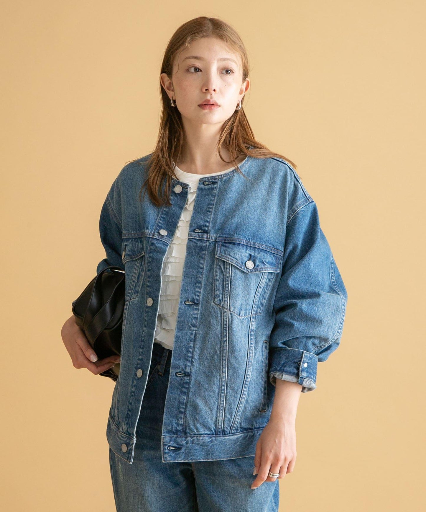 無領寬鬆牛仔夾克