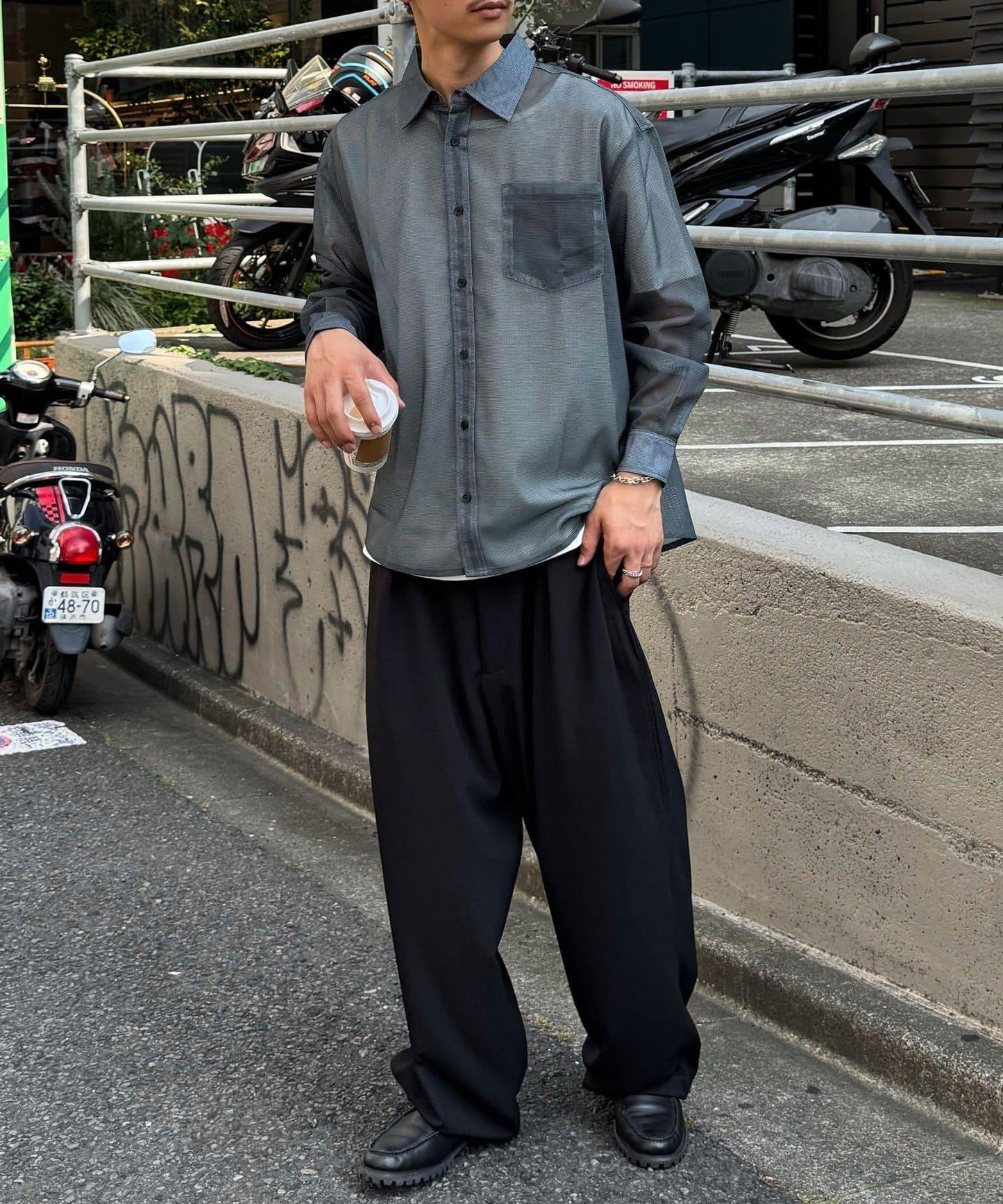 網眼拼花長袖襯衫