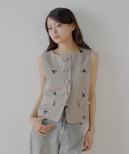 Chico 花卉刺繡無袖馬甲