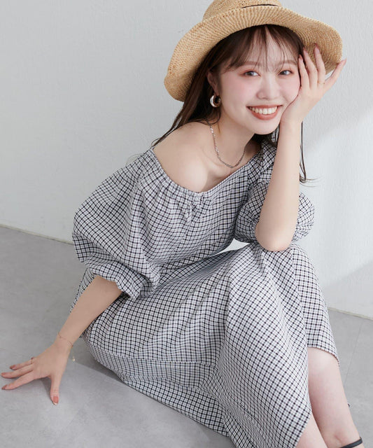 【ako】波浪格紋袖子蓬鬆連衣裙