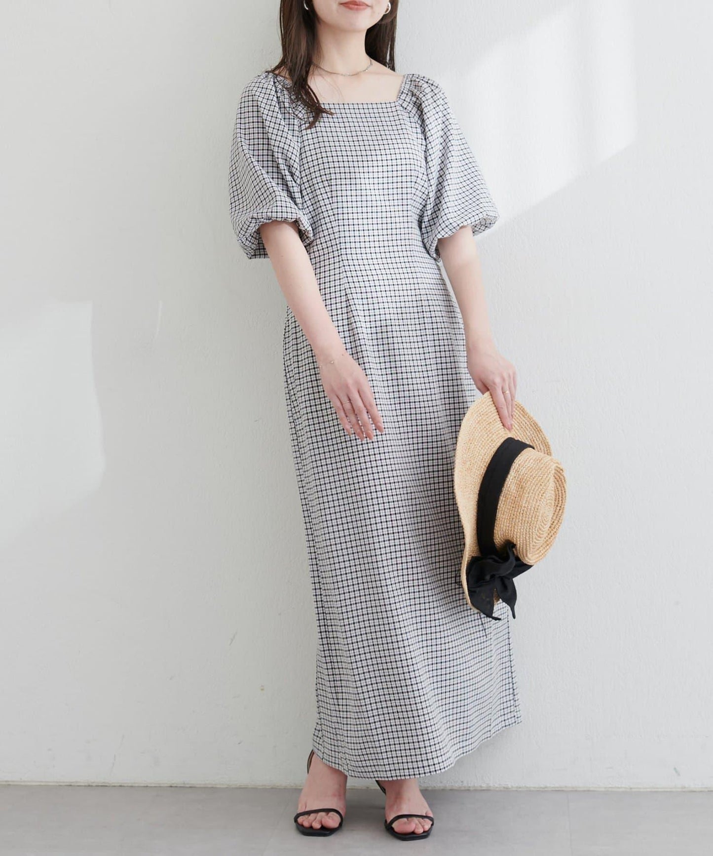 【ako】波浪格紋袖子蓬鬆連衣裙