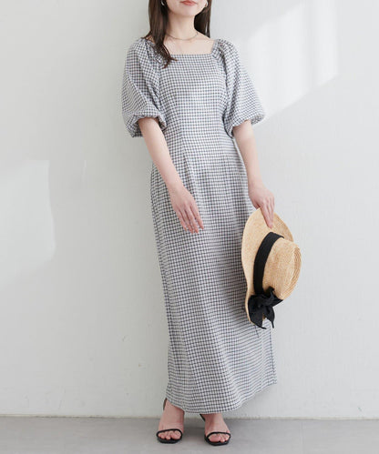 【ako】波浪格紋袖子蓬鬆連衣裙