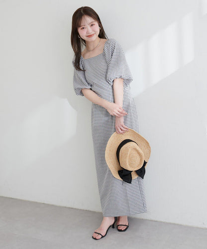 【ako】波浪格紋袖子蓬鬆連衣裙
