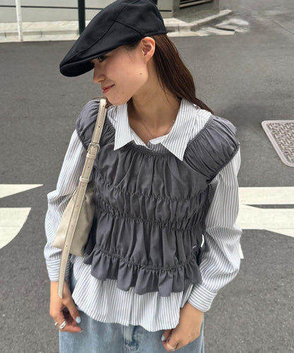 【CIAOPANIC TYPY】帶褶皺吊帶背心的條紋襯衫