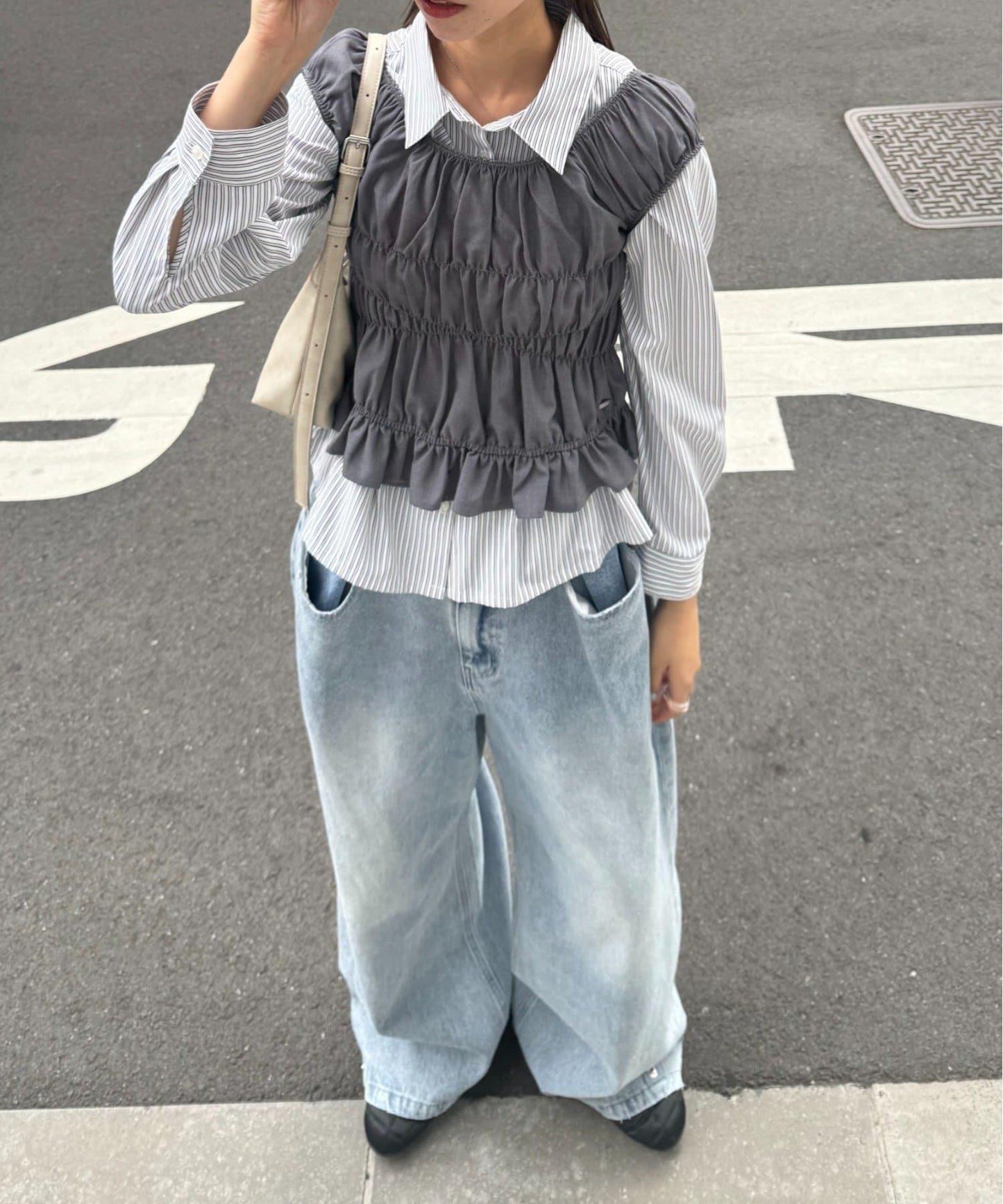 【CIAOPANIC TYPY】帶褶皺吊帶背心的條紋襯衫