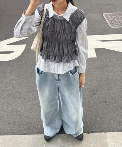 【CIAOPANIC TYPY】帶褶皺吊帶背心的條紋襯衫