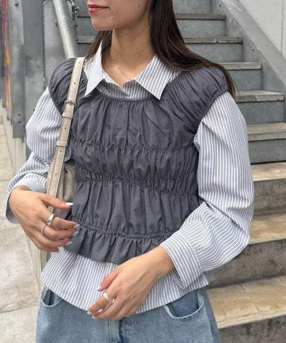 【CIAOPANIC TYPY】帶褶皺吊帶背心的條紋襯衫