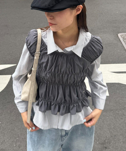 【TERIO韓國企劃】帶荷葉邊背心的條紋襯衫