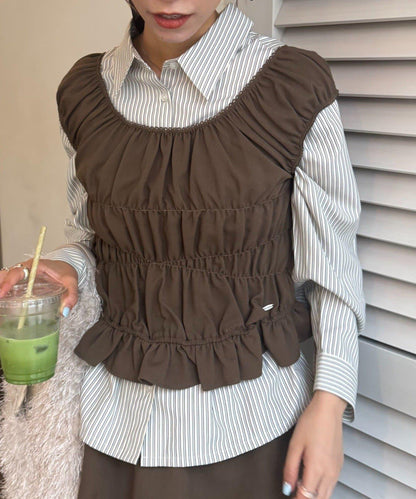 【TERIO韓國企劃】帶荷葉邊背心的條紋襯衫