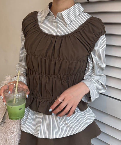 【TERIO韓國企劃】帶荷葉邊背心的條紋襯衫