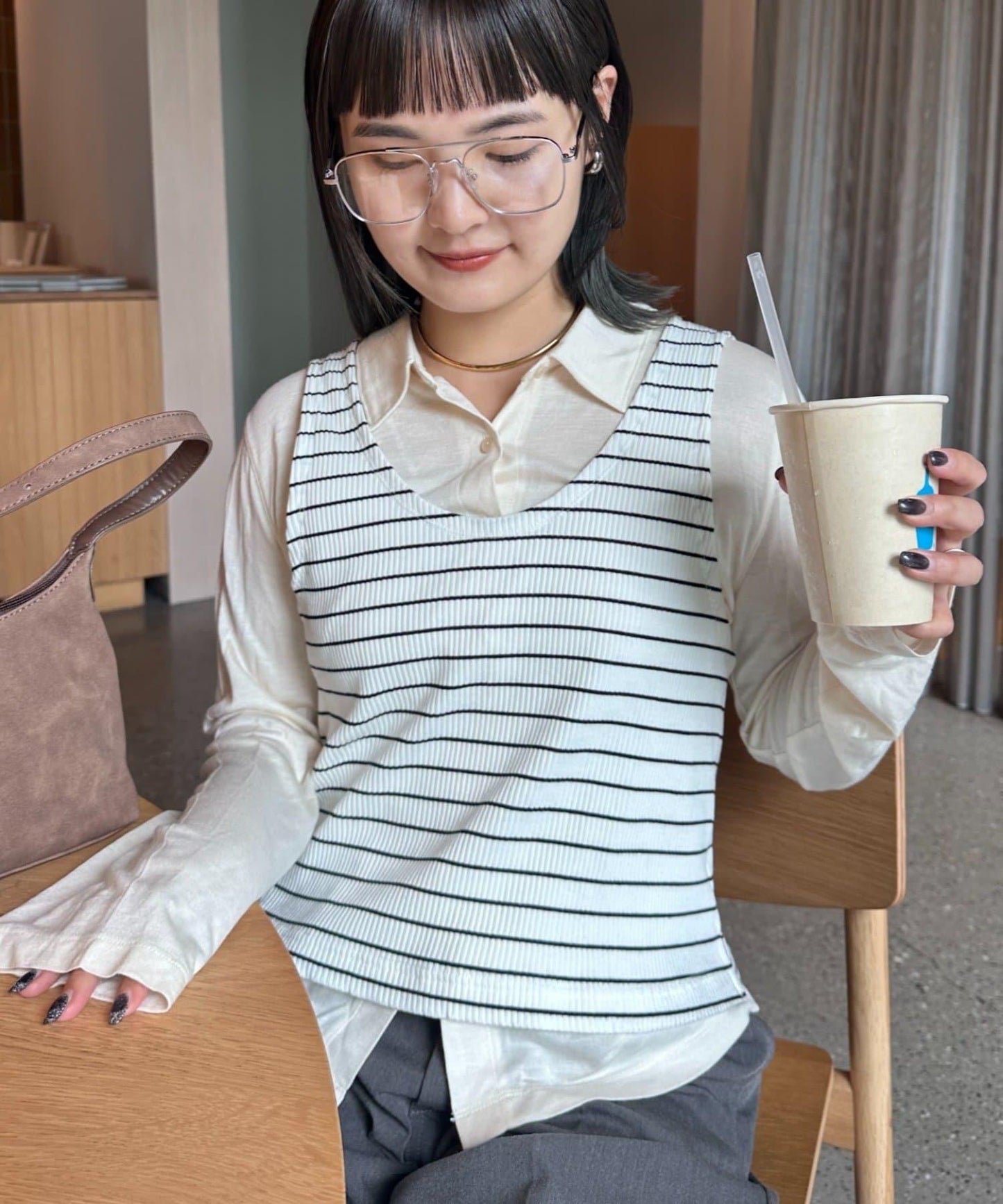 【CIAOPANIC TYPY】條紋背心疊穿翻領透視剪裁襯衫