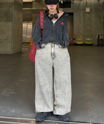 【薩基企劃】【可調節腰圍】超染褶皺設計牛仔褲