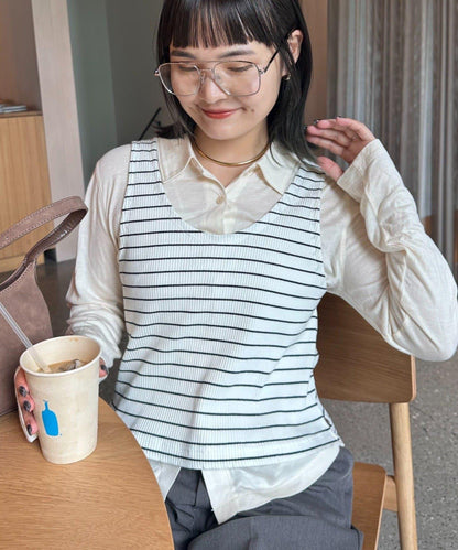 【CIAOPANIC TYPY】條紋背心疊穿翻領透視剪裁襯衫