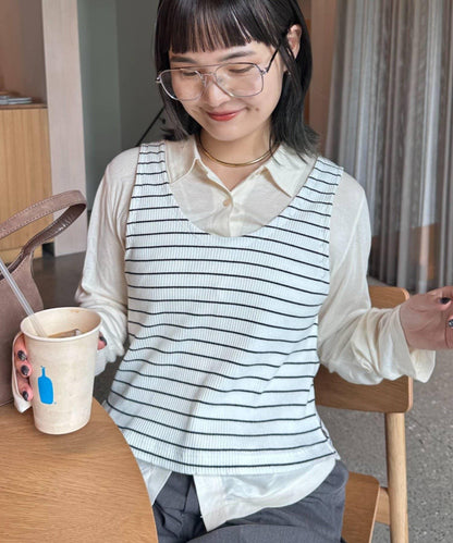【CIAOPANIC TYPY】條紋背心疊穿翻領透視剪裁襯衫