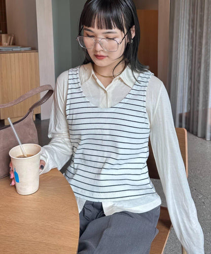 【CIAOPANIC TYPY】條紋背心疊穿翻領透視剪裁襯衫