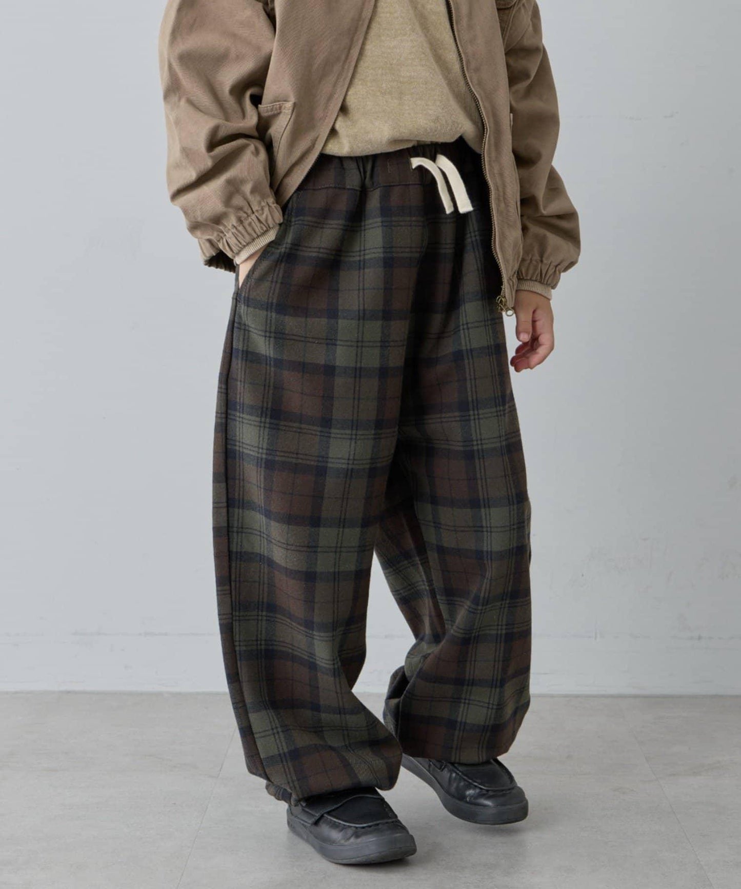 【兒童】【紅色&藍色】下襬抽繩格紋休閒褲