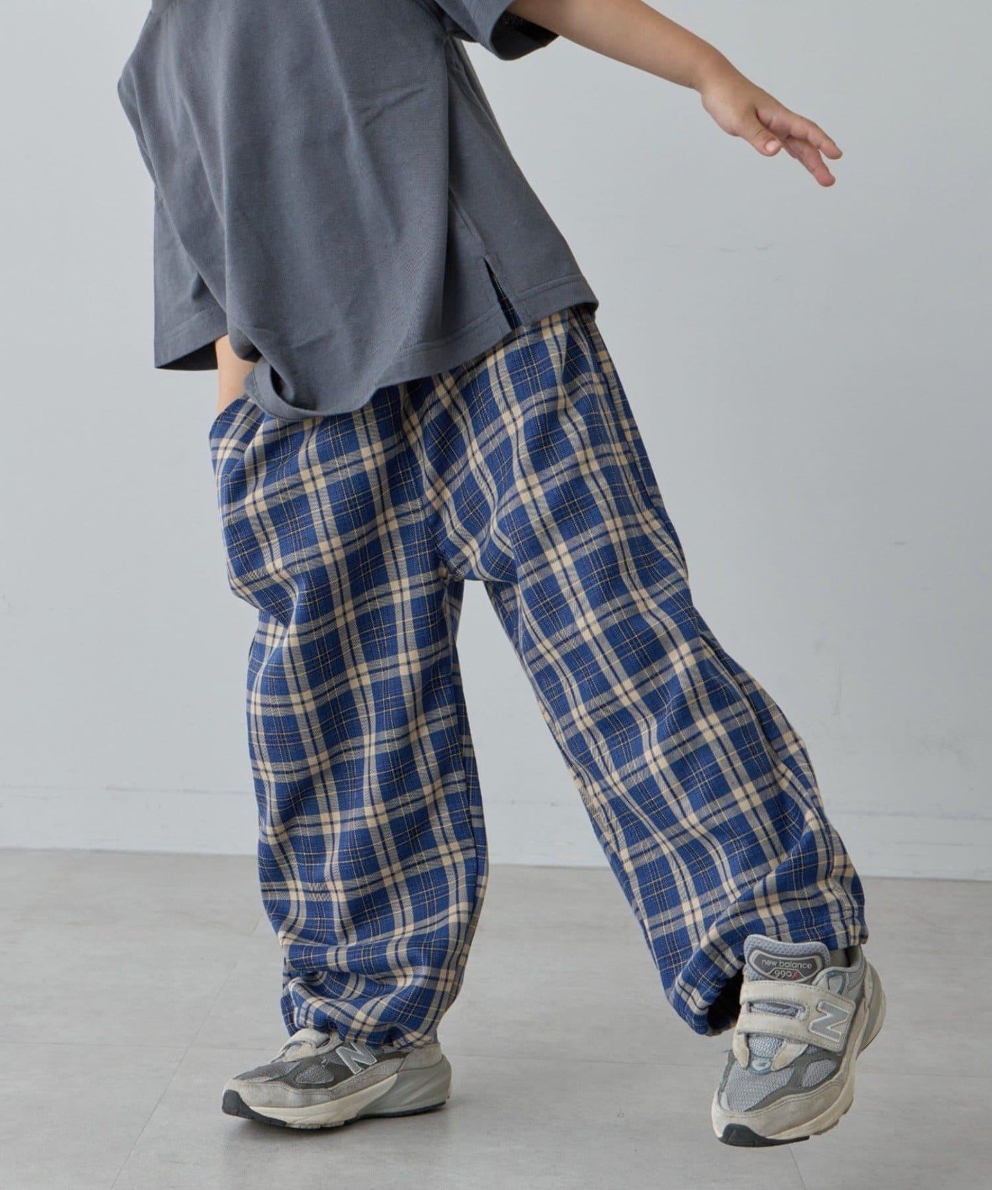 【兒童】【紅色&藍色】下襬抽繩格紋休閒褲