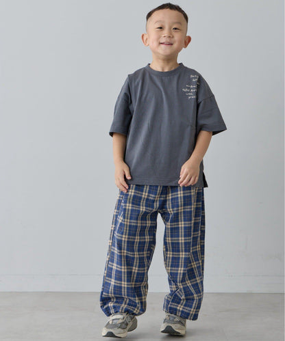 【兒童】【紅色&藍色】下襬抽繩格紋休閒褲