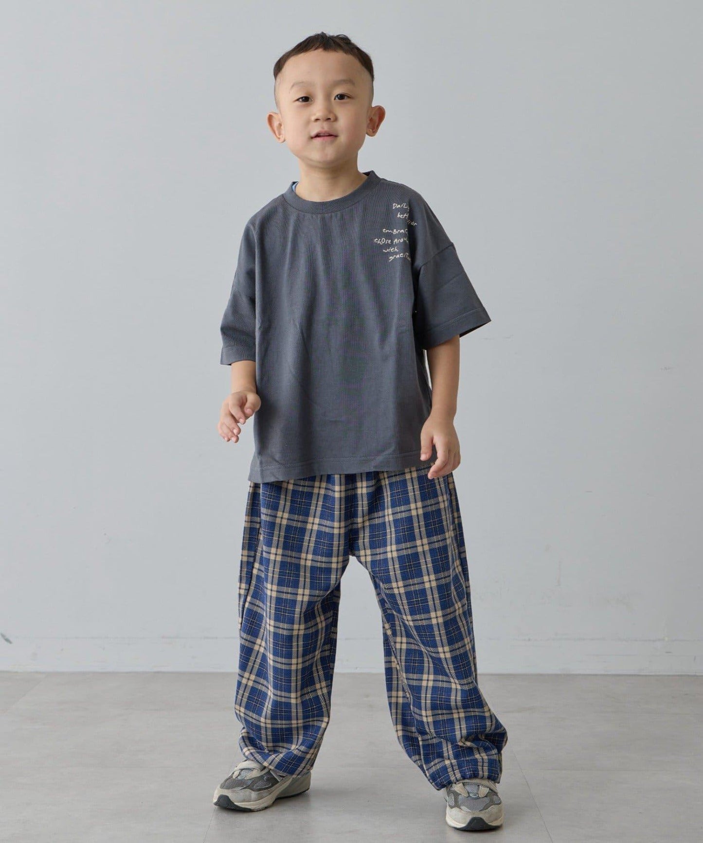 【兒童】【紅色&藍色】下襬抽繩格紋休閒褲