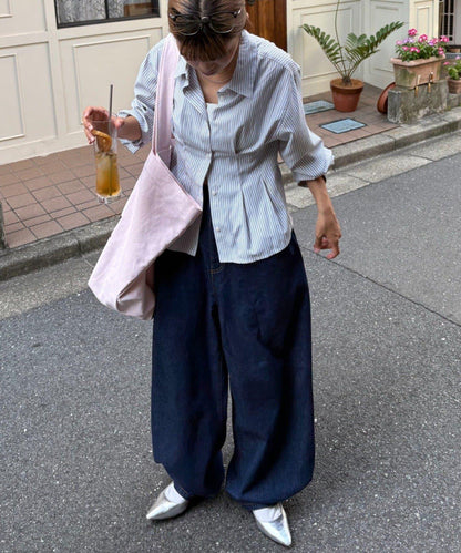 【薩基企劃】【可調節腰圍】超染褶皺設計牛仔褲