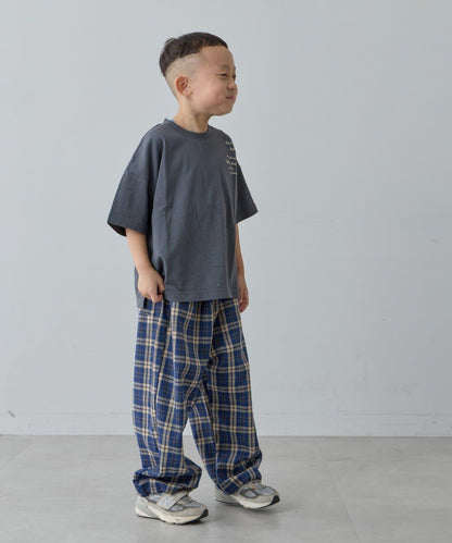 【兒童】【紅色&藍色】下襬抽繩格紋休閒褲