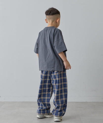 【兒童】【紅色&藍色】下襬抽繩格紋休閒褲