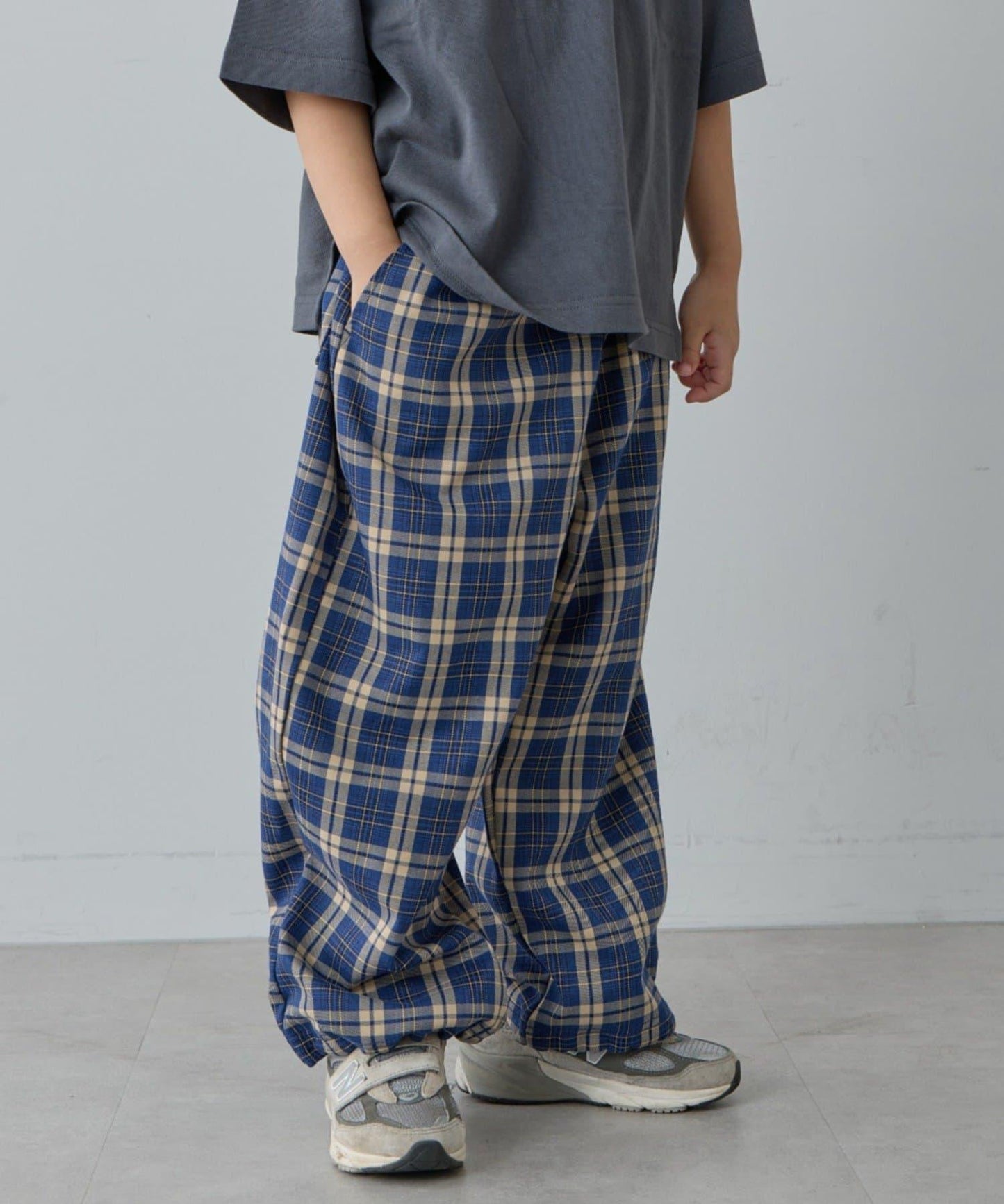 【兒童】【紅色&藍色】下襬抽繩格紋休閒褲