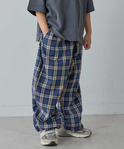 【兒童】【紅色&藍色】下襬抽繩格紋休閒褲