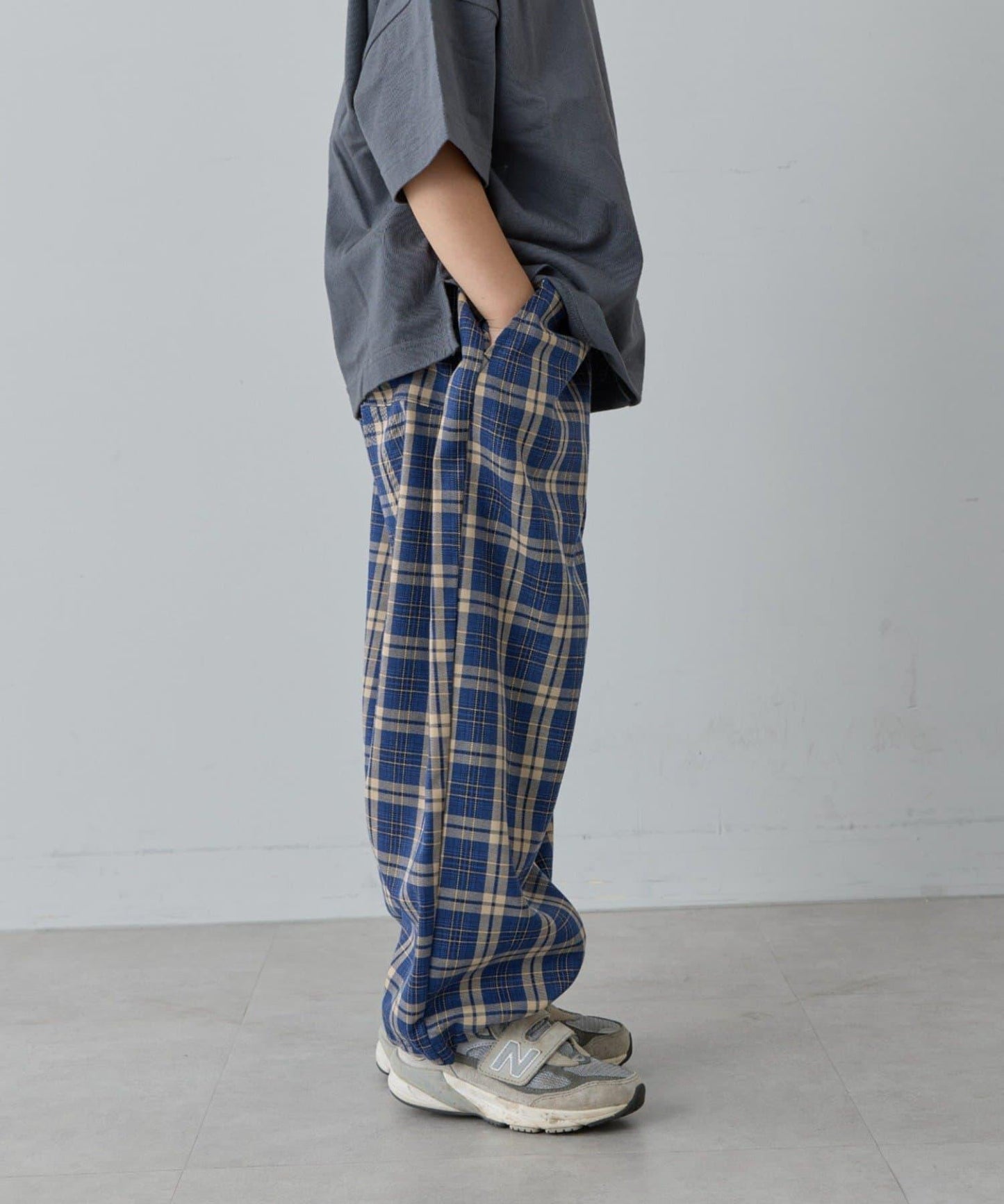 【兒童】【紅色&藍色】下襬抽繩格紋休閒褲