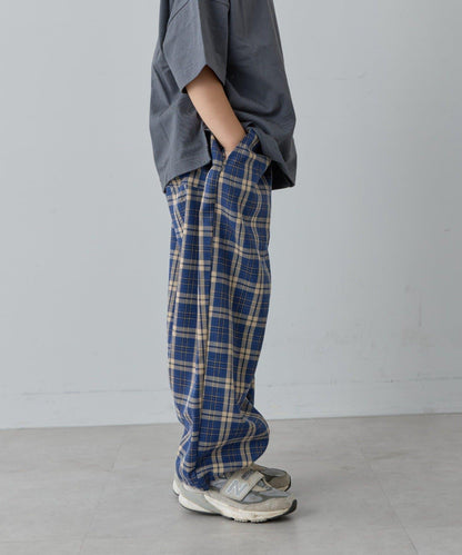 【兒童】【紅色&藍色】下襬抽繩格紋休閒褲