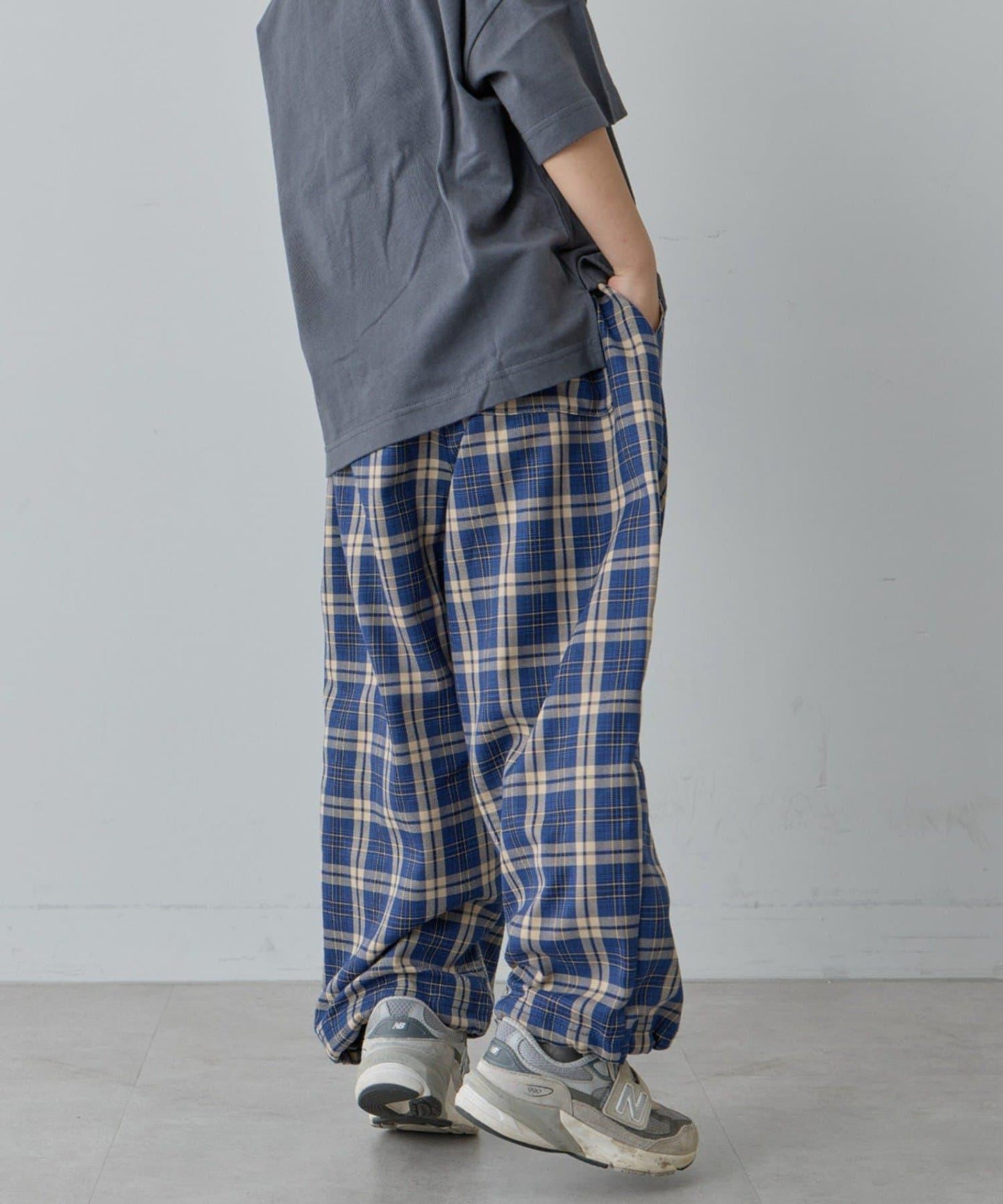 【兒童】【紅色&藍色】下襬抽繩格紋休閒褲